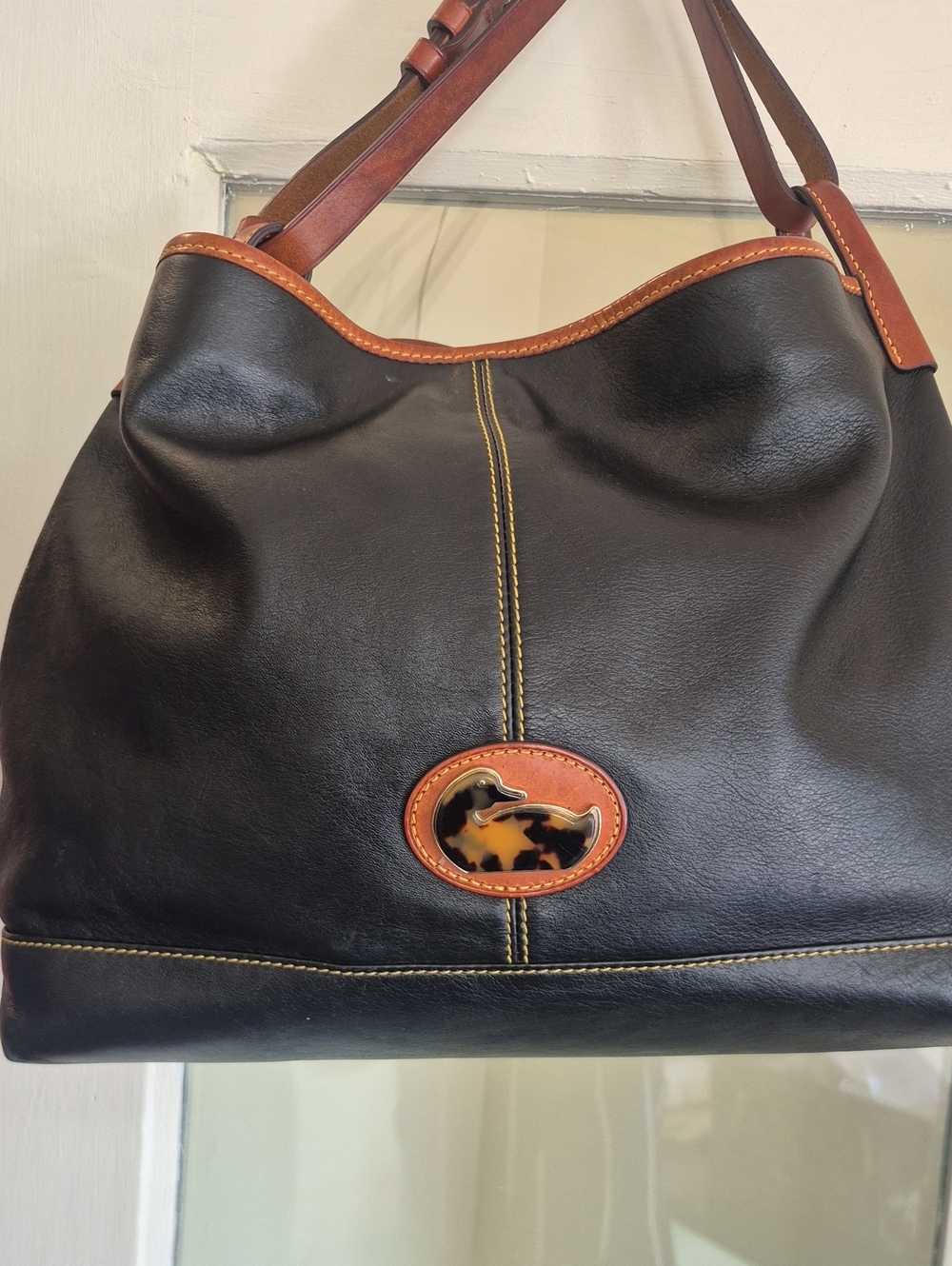 Dooney & Bourke Black Leather Shoulder Bag with Brown Trim